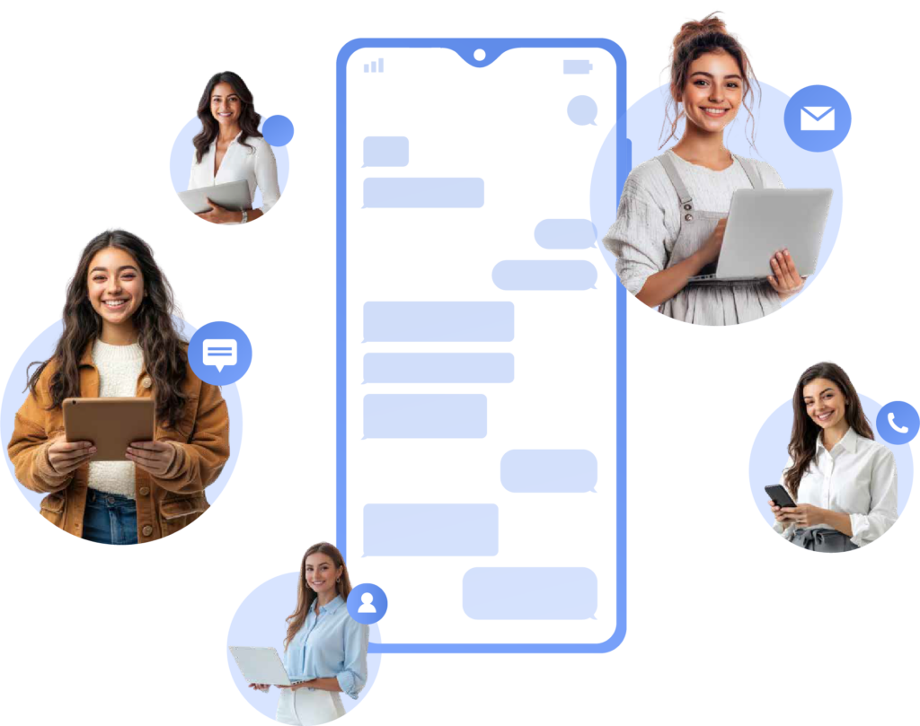 Illustration of omnichannel communication connecting customers and teams across devices